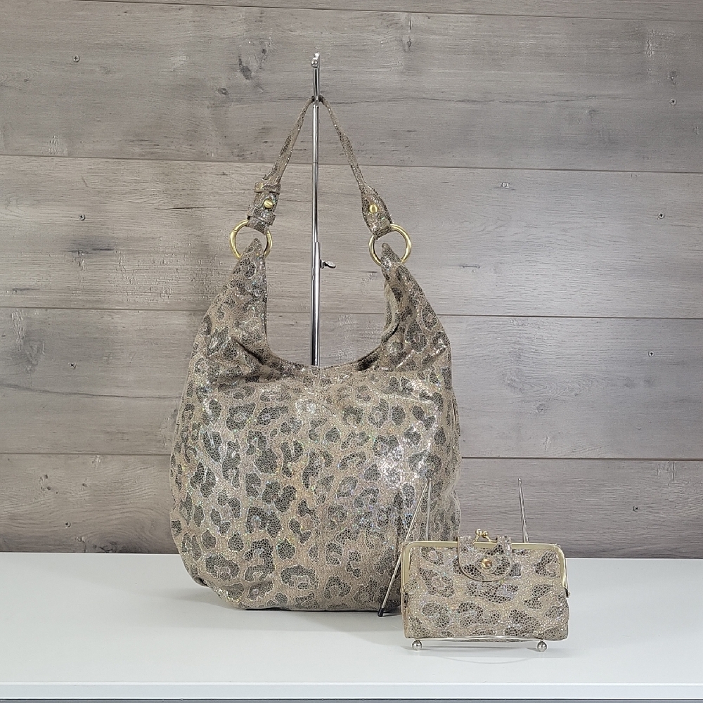 Hobo Leopard Print Metallic Leather Hobo Bag with Matching Wallet